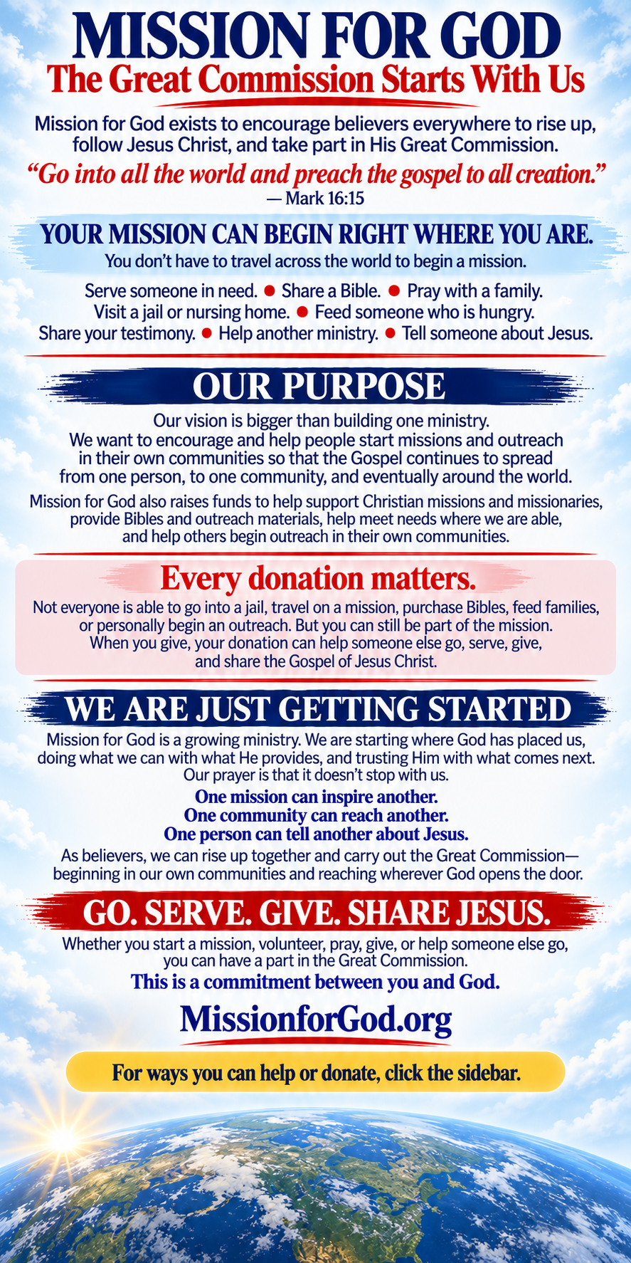 Mission for God — The Great Commission Starts With Us — Go. Serve. Give. Share Jesus.